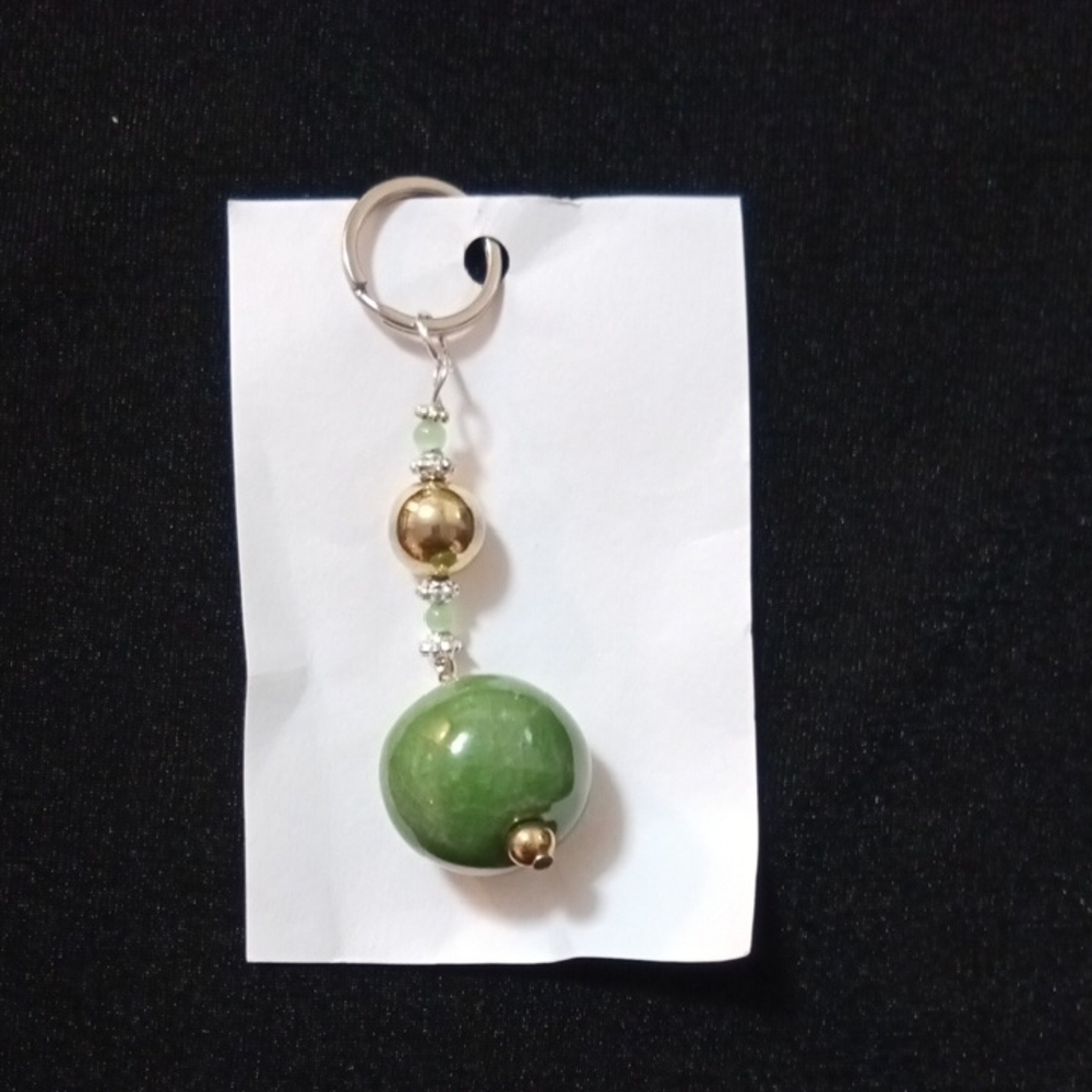 Handmade Green and Gold Beaded Keychain